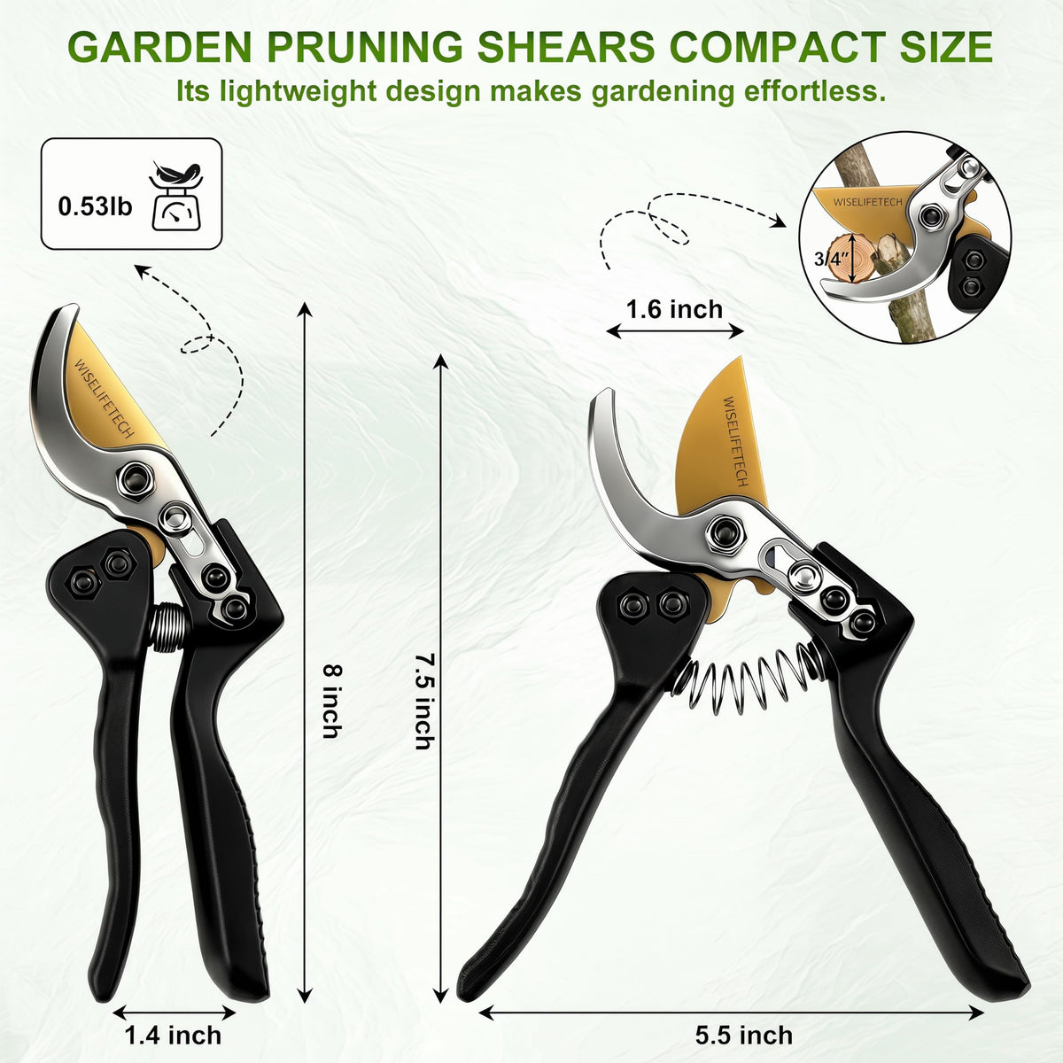 Wiselifetech pruning shears showing three-quarter-inch cut capability