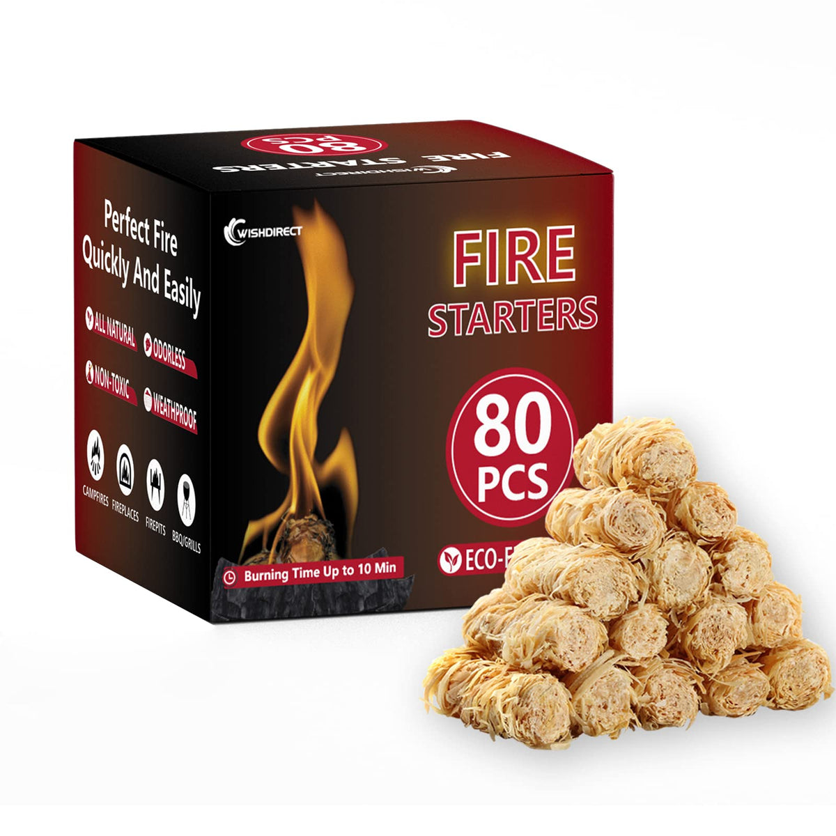 WishDirect 80-roll fire starters pack ready for quick, clean ignition