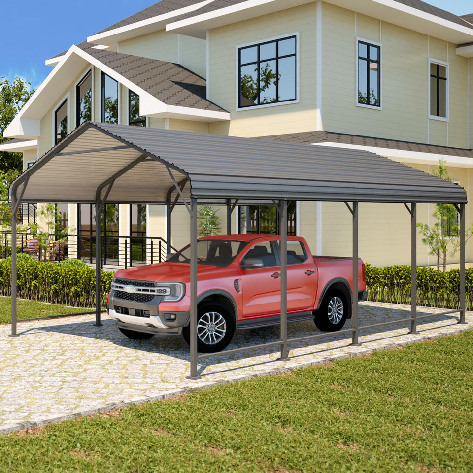 Wisteria Lane 12x20ft carport front angle provides ample vehicle protection.