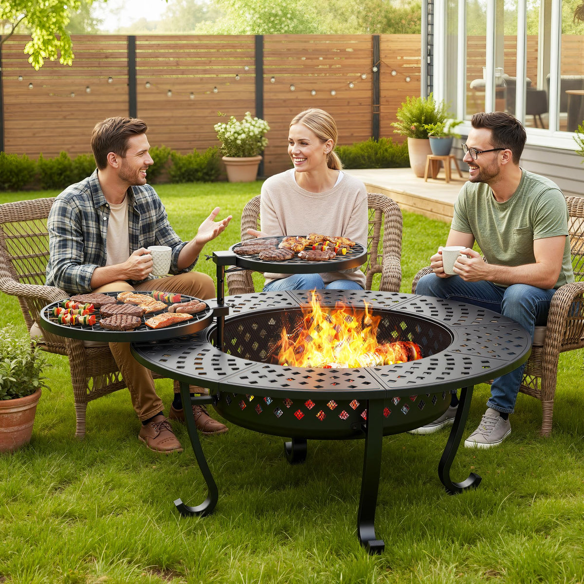 Wisteria Lane 43-inch fire pit table with lid for cozy outdoor dining.