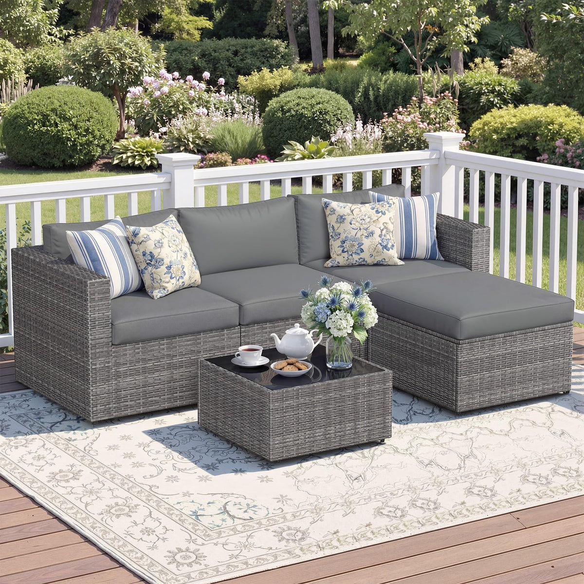 Wisteria Lane 5-piece outdoor set in gray wicker for durable, all-weather lounging.