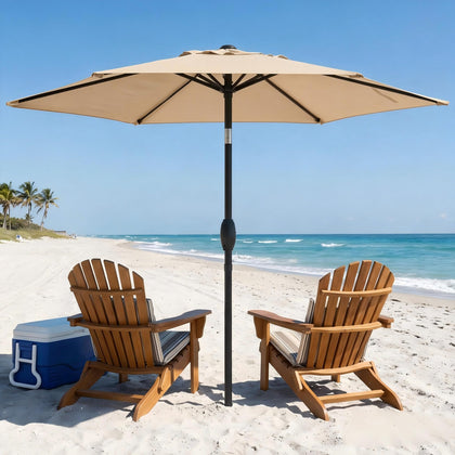 Wisteria Lane 7.5' umbrella with tilt and crank offers versatile shade options.