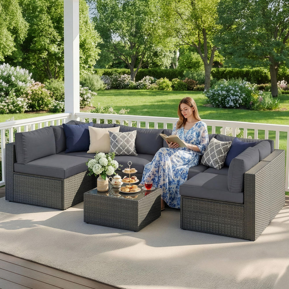 Wisteria Lane 7-piece outdoor set on sunlit deck, ideal for gatherings