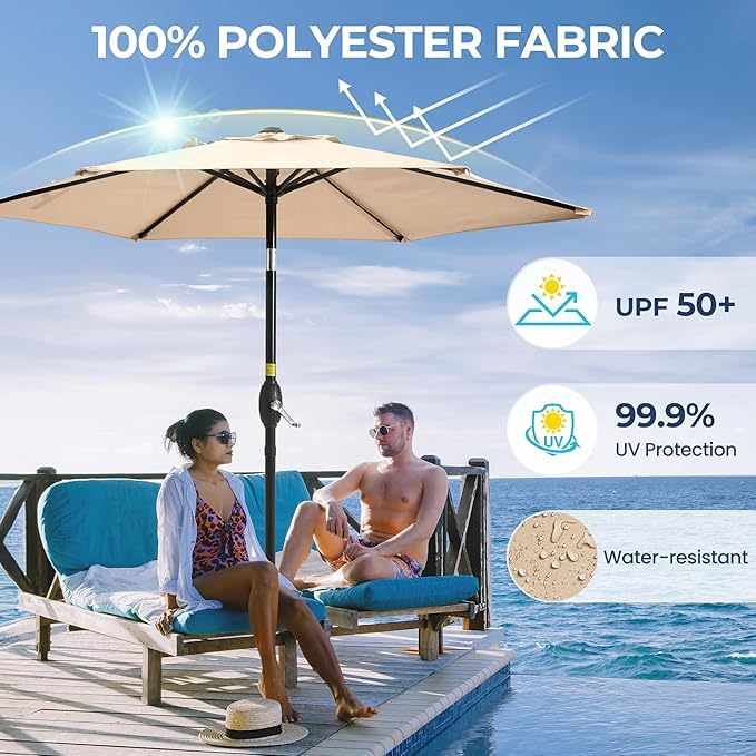 Wisteria Lane beige canopy showcases waterproof, UV-protective fabric for sunny days.