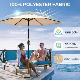 Wisteria Lane beige canopy showcases waterproof, UV-protective fabric for sunny days.