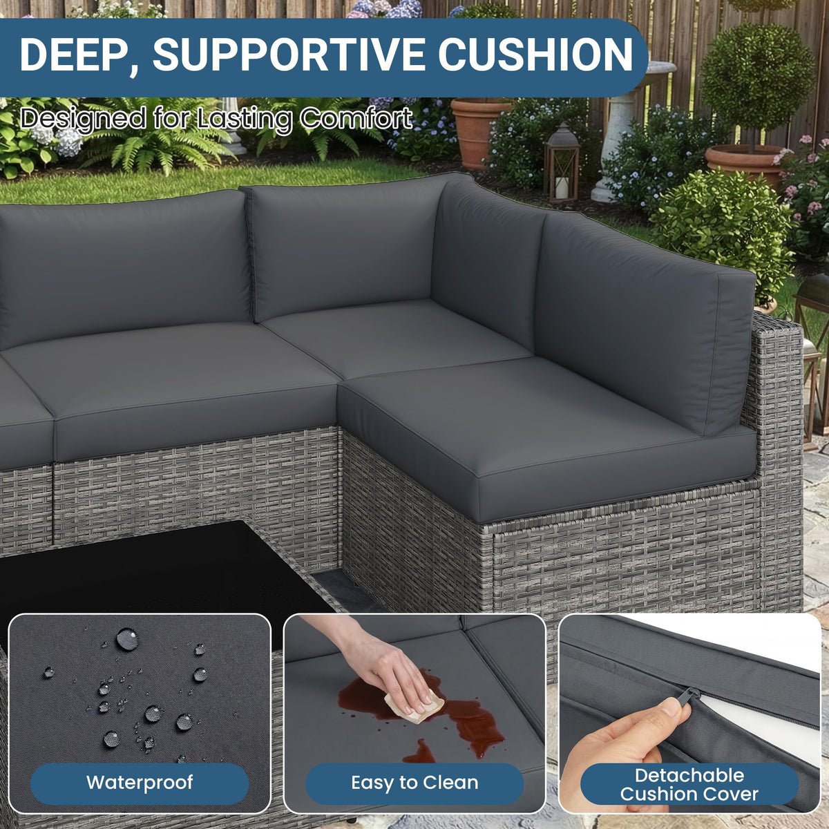 Wisteria Lane cushions with water- and UV-resistant covers for outdoor use