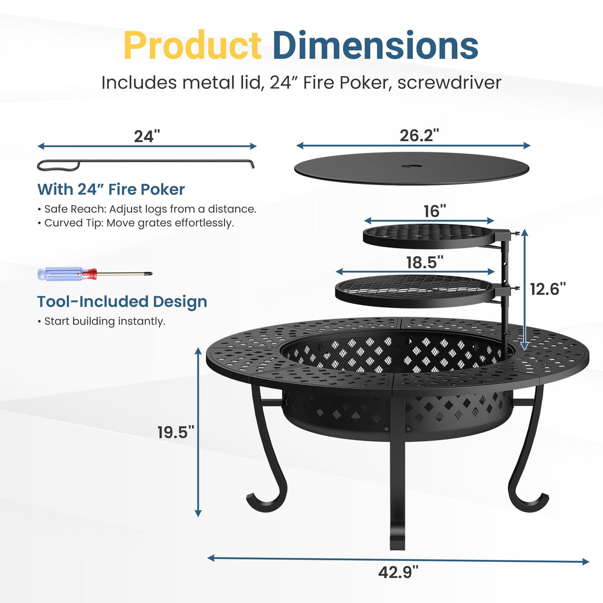 Wisteria Lane fire pit poker included for safe flame control.