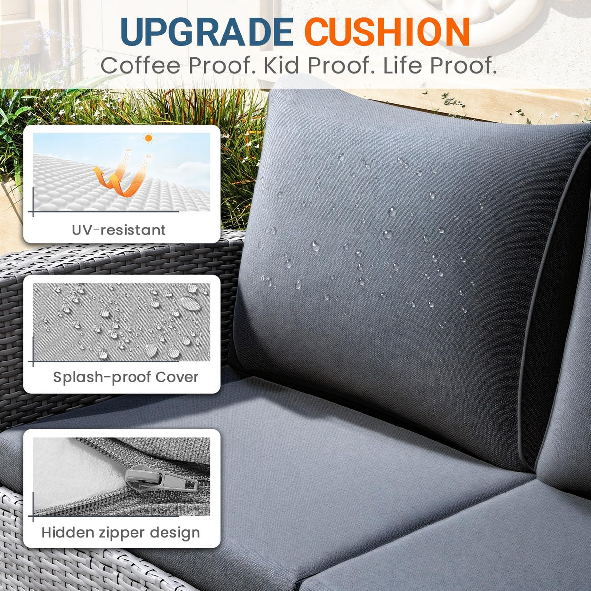Wisteria Lane cushions are waterproof and UV-resistant for easy care.