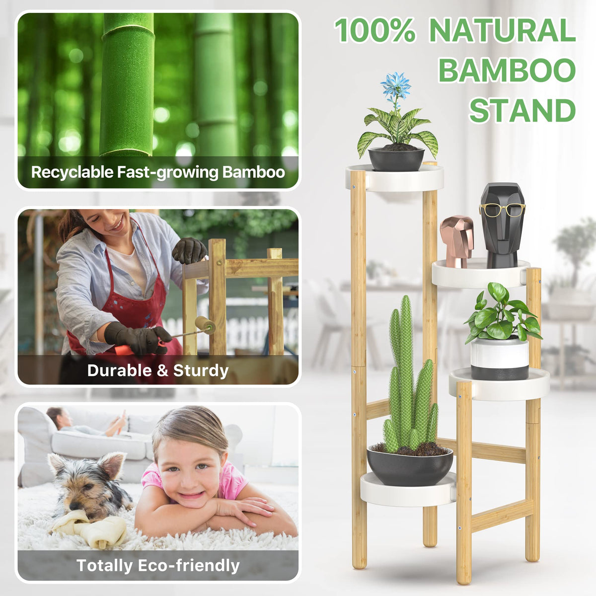 Wisuce bamboo plant stand close-up on carbon steel pots demonstrates durability.
