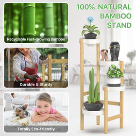Wisuce bamboo plant stand close-up on carbon steel pots demonstrates durability.