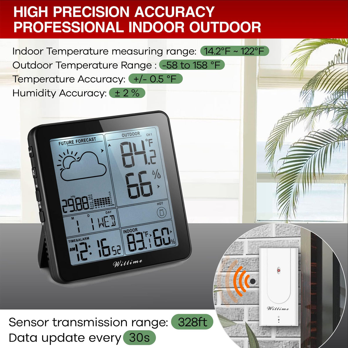 Wittime Weather Station indoor/outdoor readings displayed for quick checks.