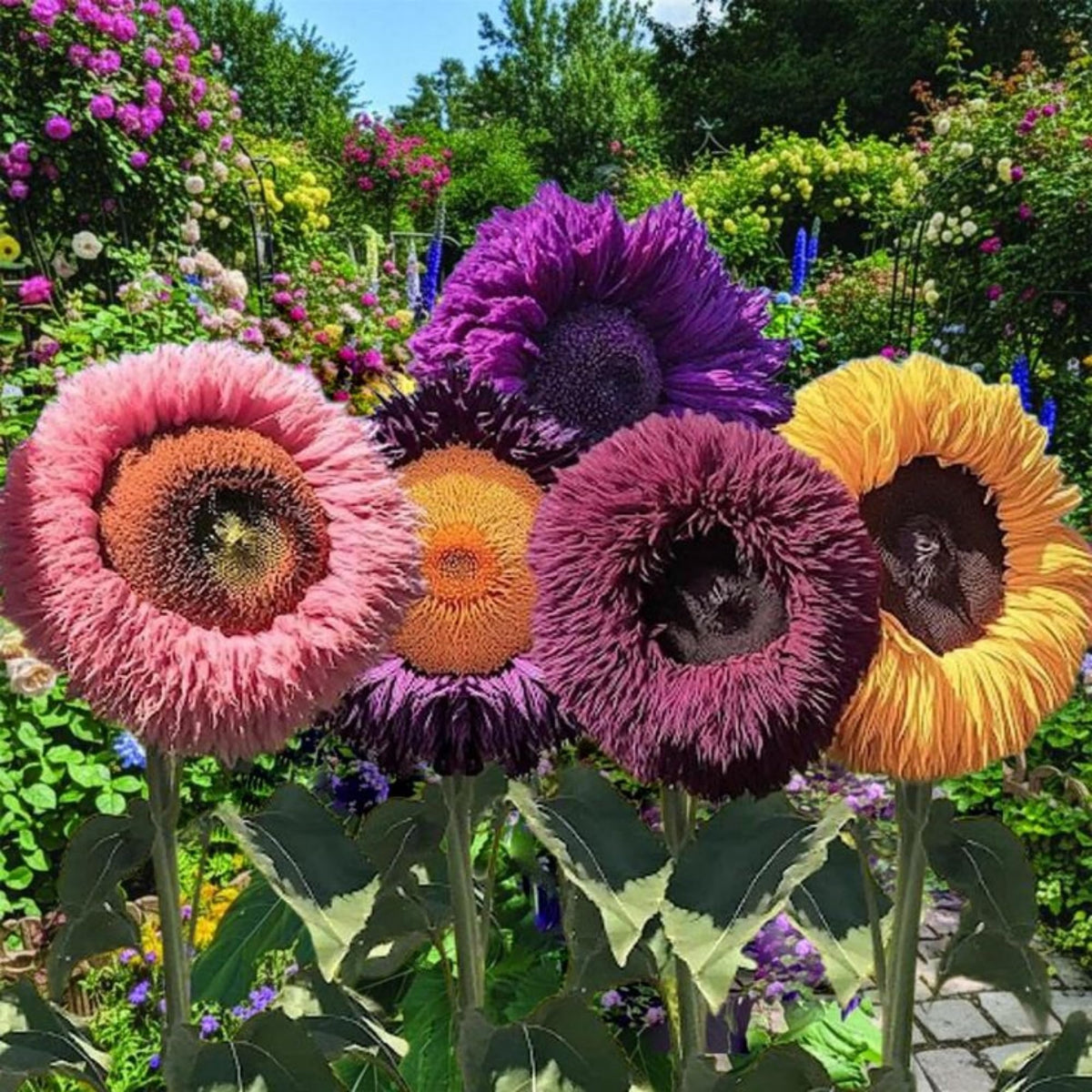 Wivolibe pollinator-friendly sunflowers attracting bees and butterflies.