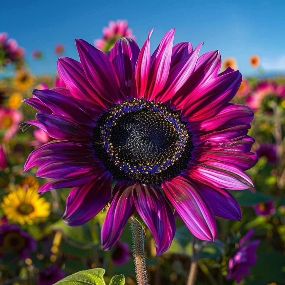 Wivolibe sunflower growing in a container with sturdy stems and bright petals