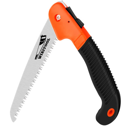 WixiTool folding pruning saw blade with rugged teeth for precise cuts.