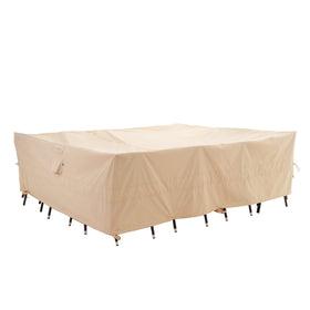 WJ-X3 large rectangular beige patio table cover protecting a table from sun and rain.