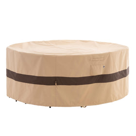 WJ-X3 round patio cover protecting an 84-inch round table from rain and wind.