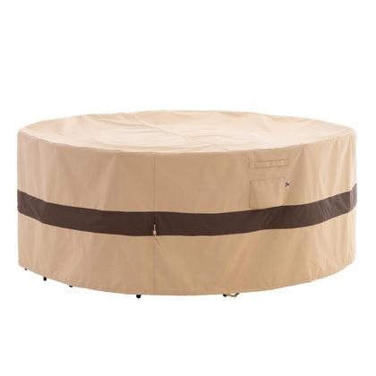 WJ-X3 round patio cover protecting an 84-inch round table from rain and wind.