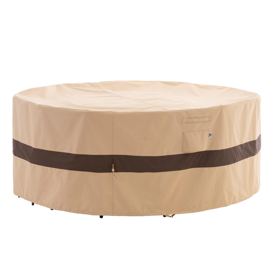 WJ-X3 round patio cover protecting an 84-inch round table from rain and wind.