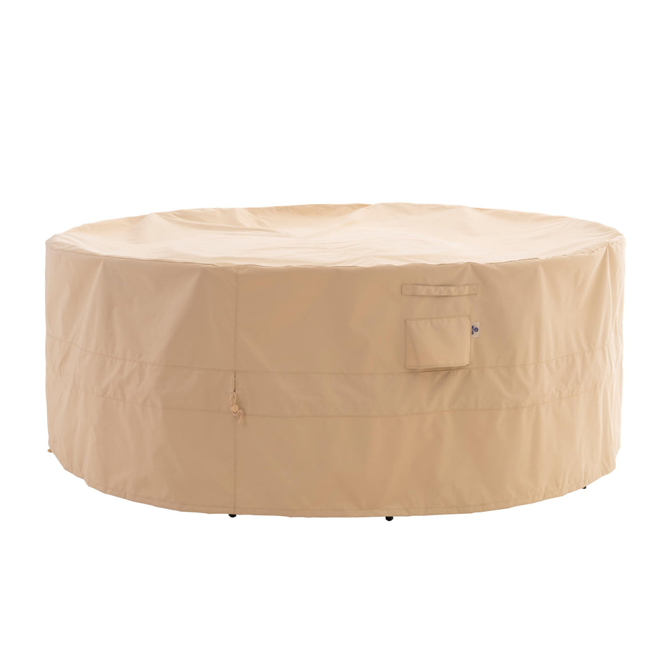 WJ-X3 round patio cover with windproof cinched waist design protecting furniture