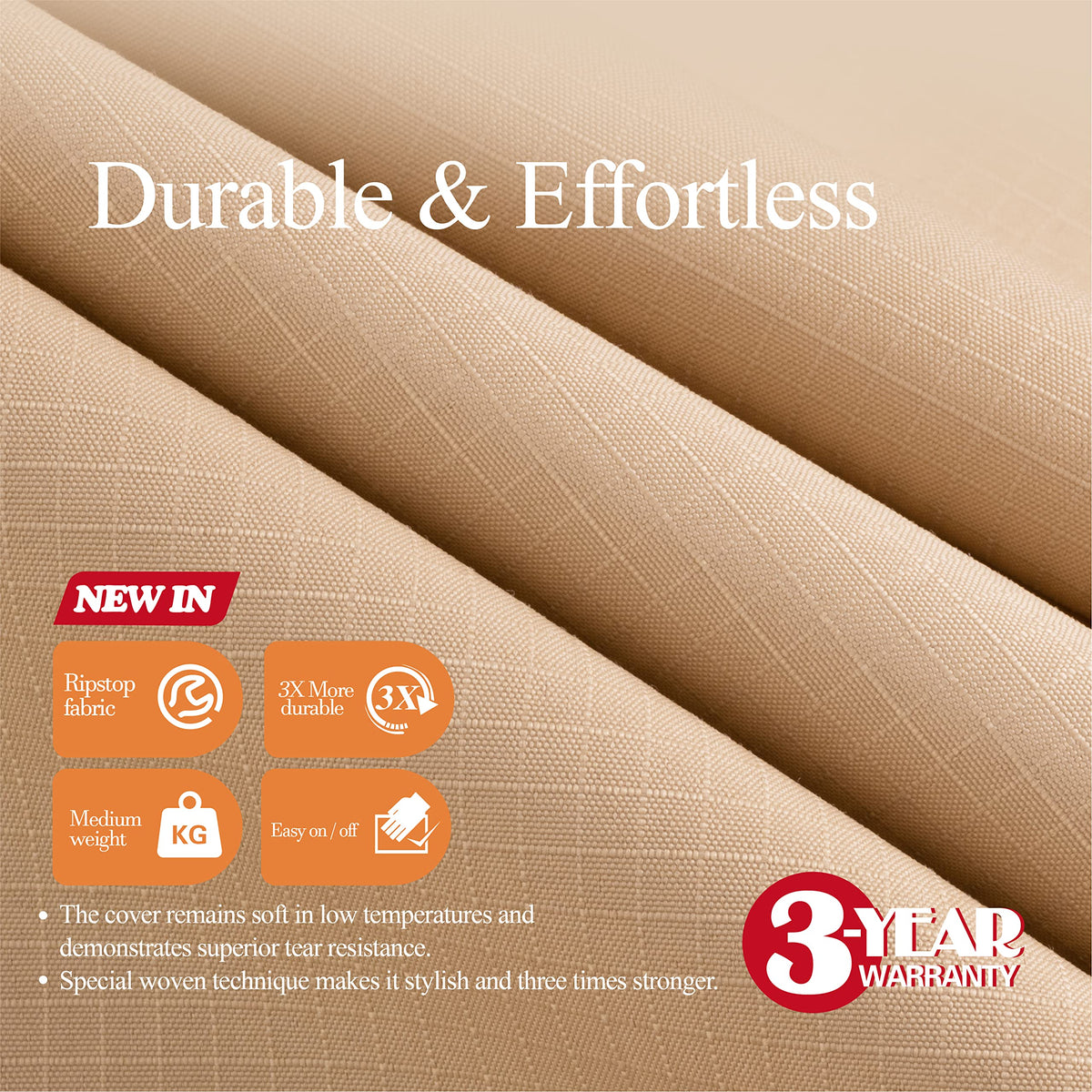 WJ-X3 wind-resistant outdoor cover secures corners with click-close straps.