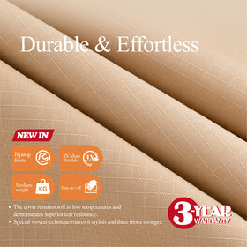 WJ-X3 wind-resistant outdoor cover secures corners with click-close straps.