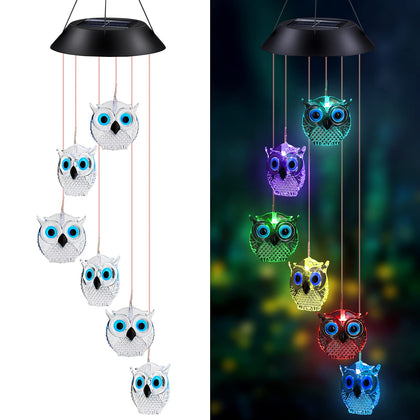 Wjiang Owl LED wind chimes glow at night for colorful garden ambiance.