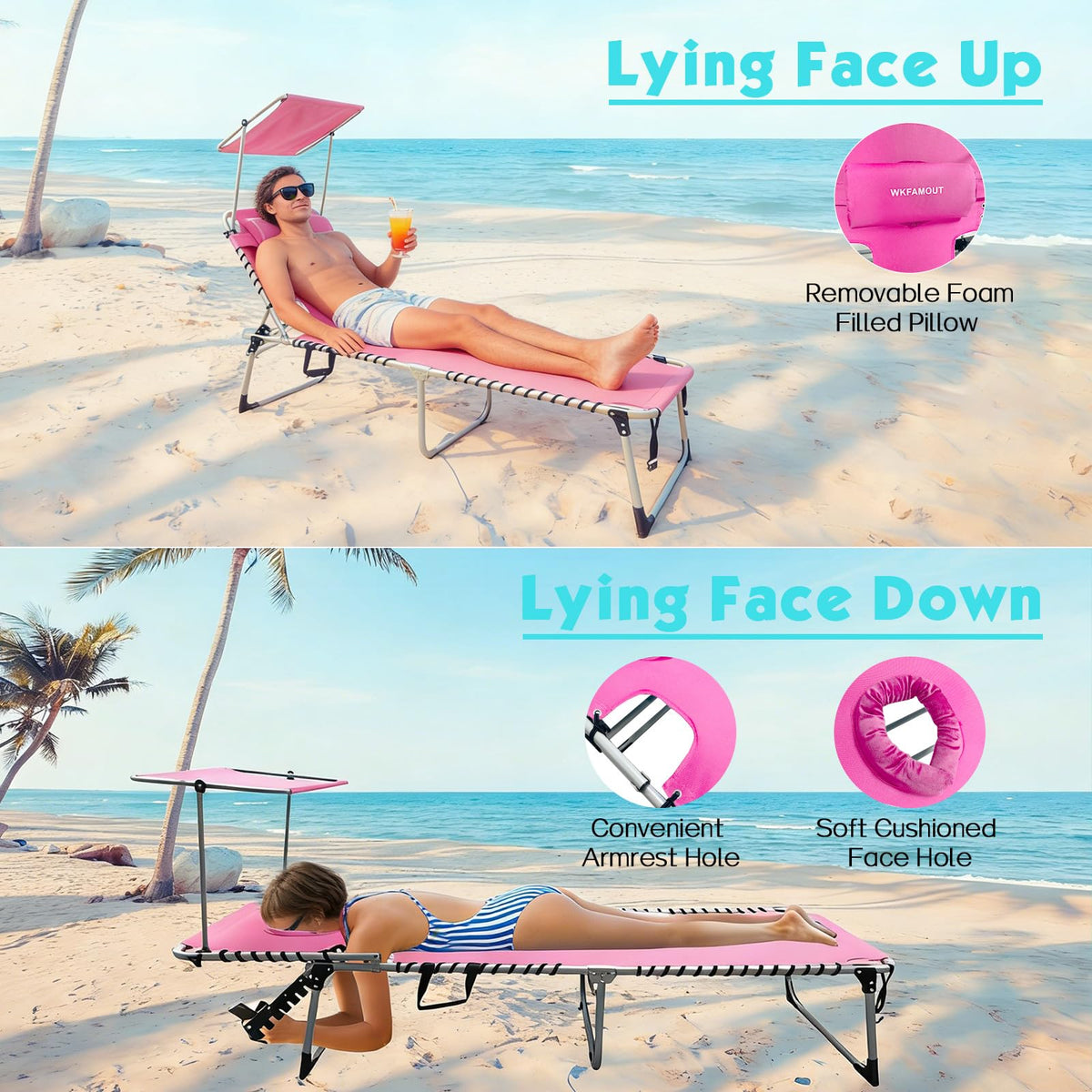 WKFAMOUT heavy-duty metal frame supports sturdy use at the beach.