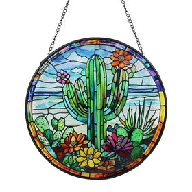 Wkyqes cactus stained glass suncatcher brightens windows.