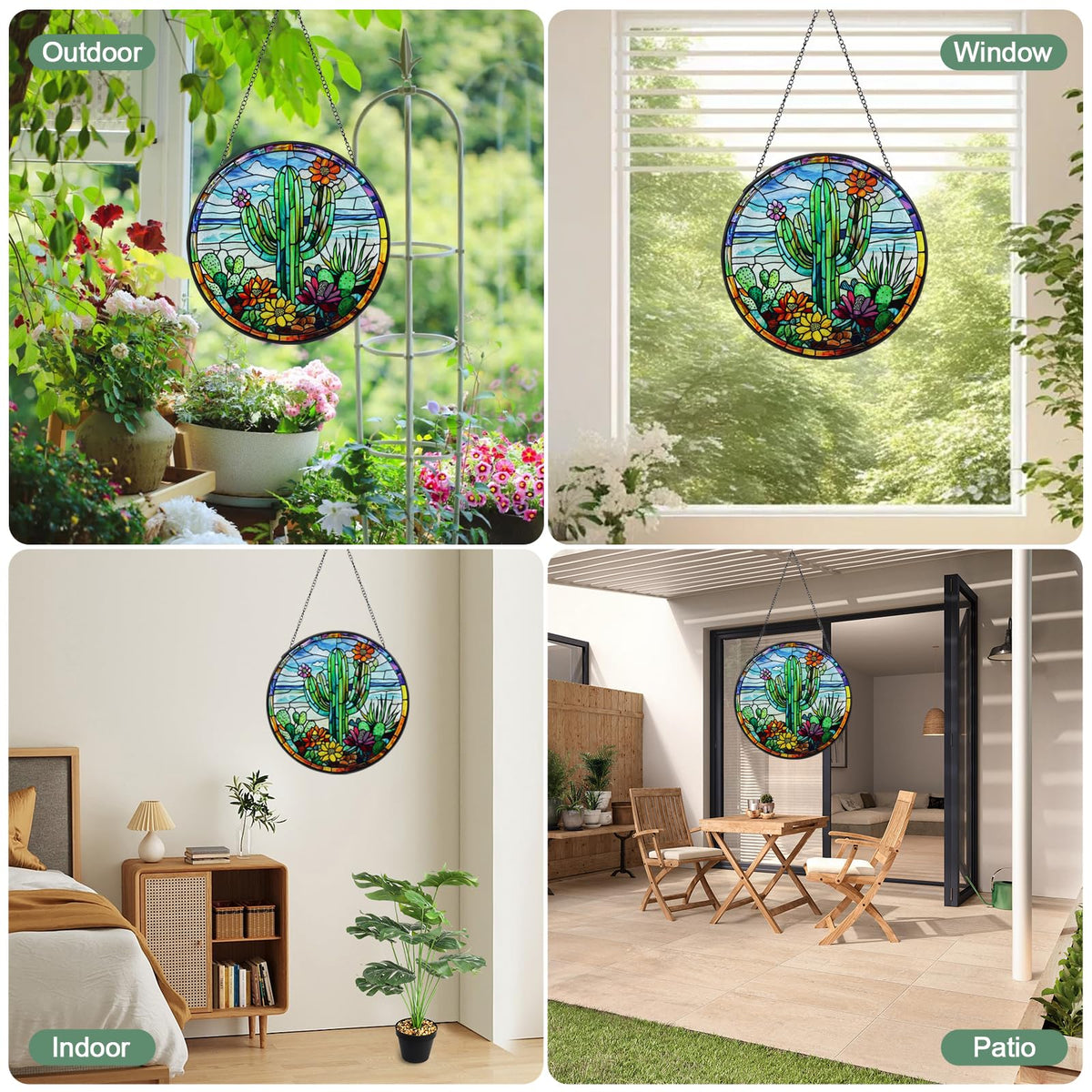 Wkyqes cactus suncatcher with chain for easy hanging.