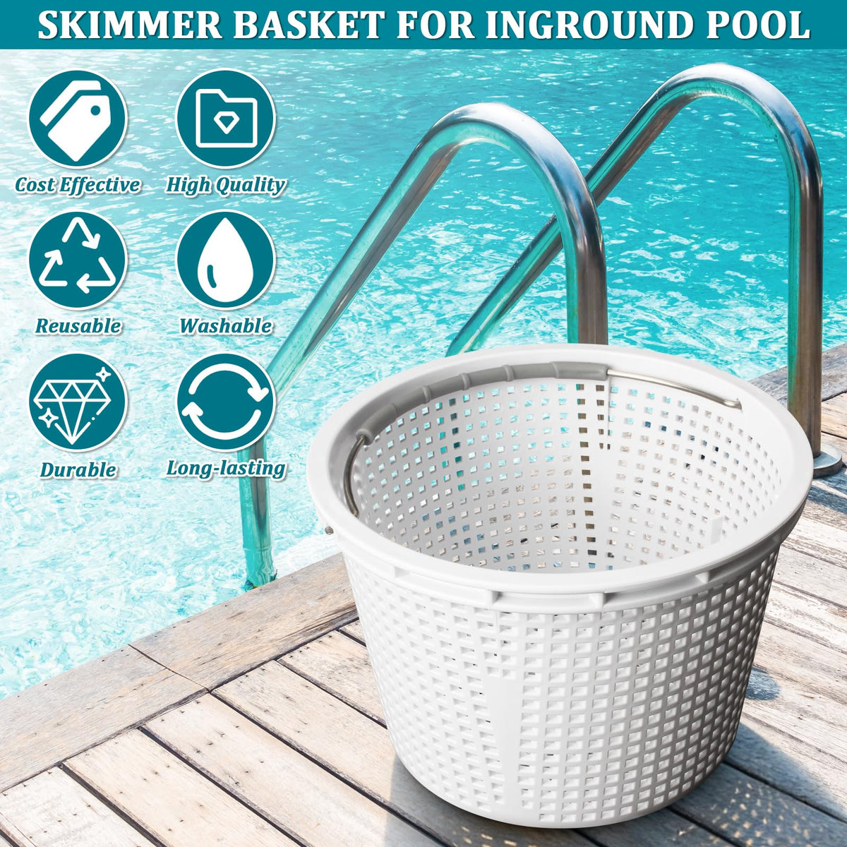 WKZO pool skimmer basket with rubber grip aiding slip-free removal.