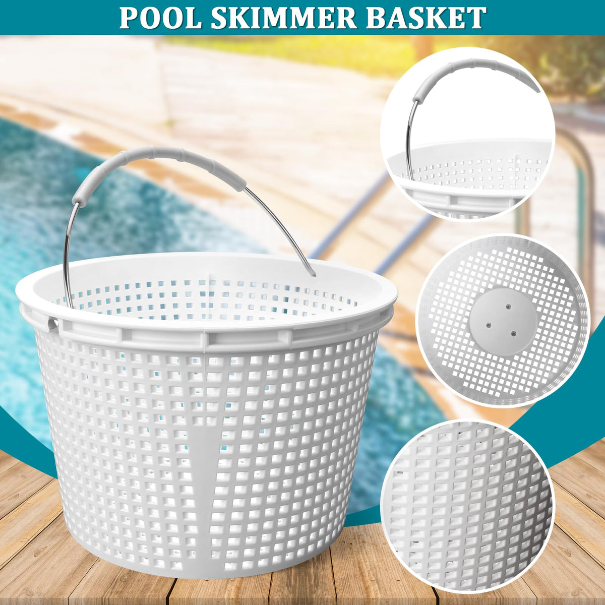 WKZO 8-inch skimmer basket indicating universal compatibility with U-3 and SP1070 models.