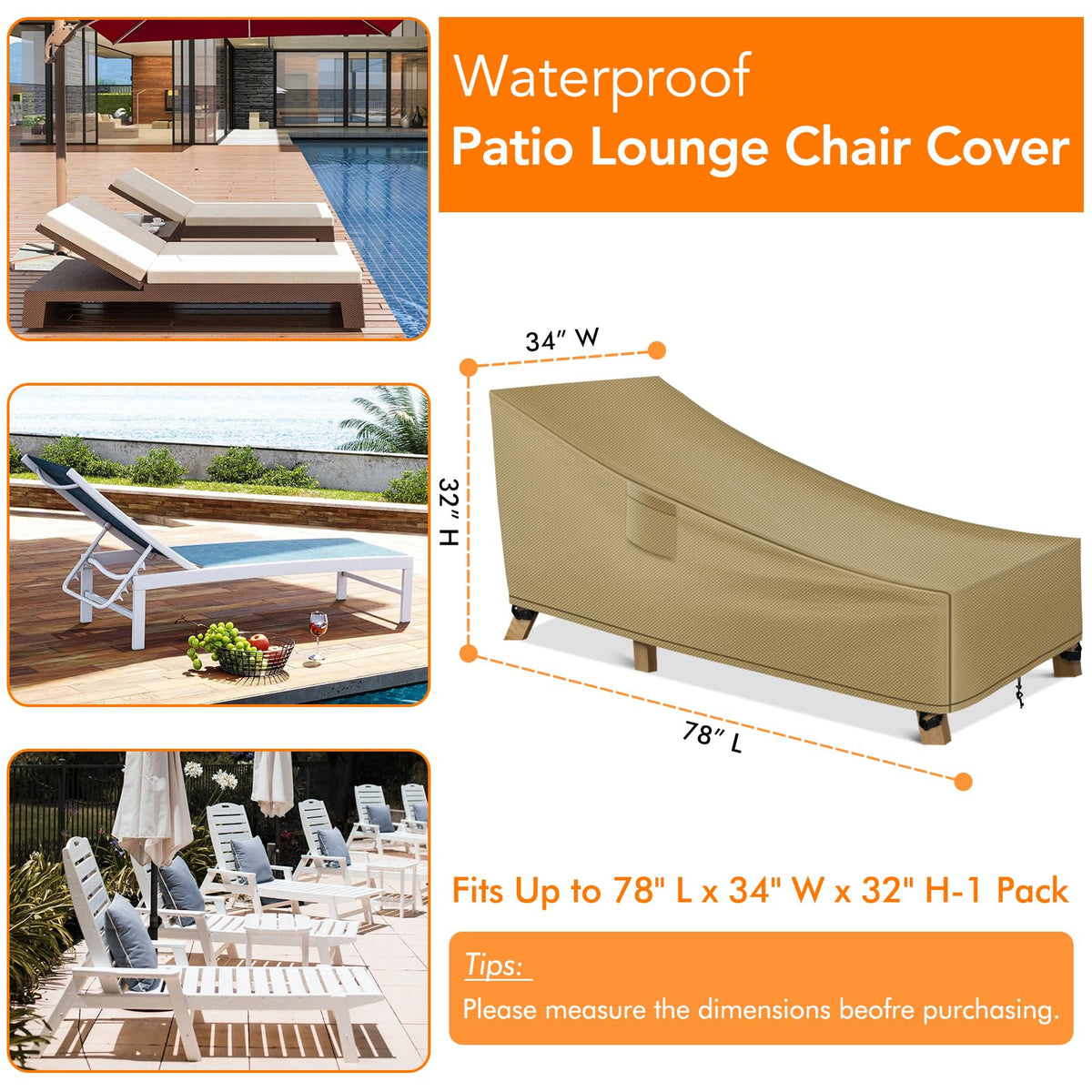 WLEAFJ patio chaise lounge cover side view with secure straps in wind
