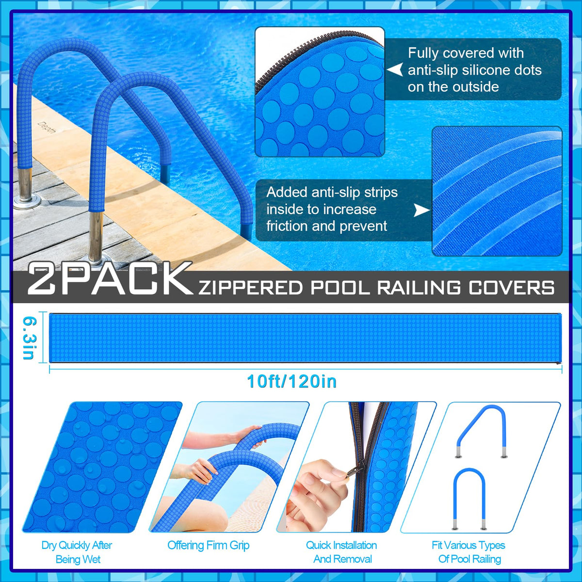 WLLEYAY blue neoprene pool handrail cover on a 6ft rail with quick installation