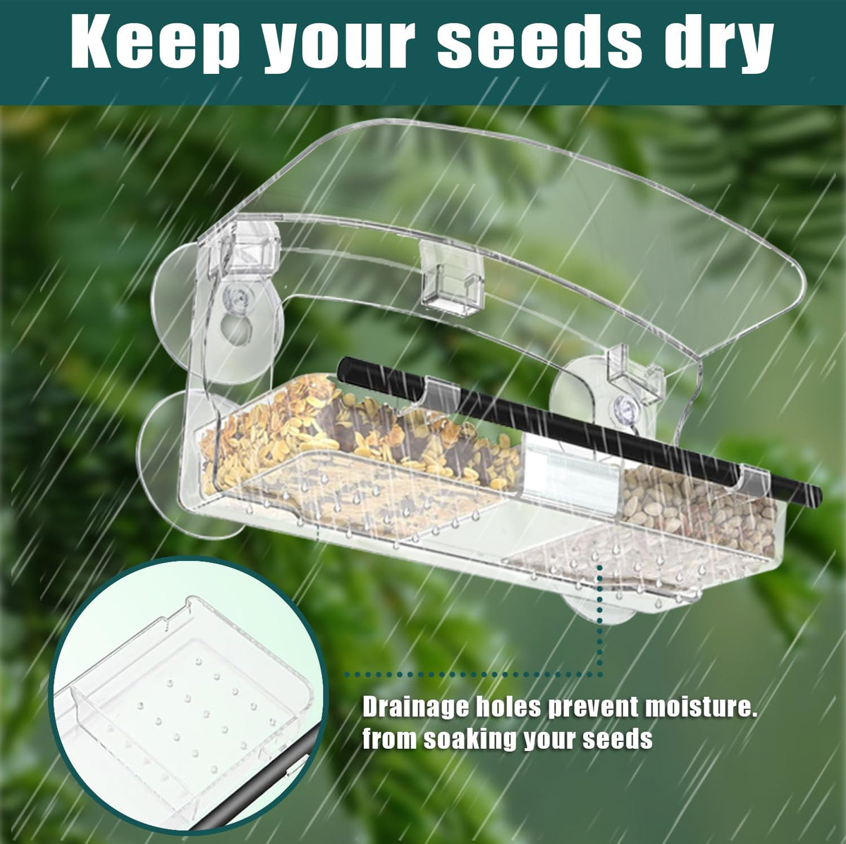 Eight-suction-cup system on the WLLKOO feeder supports outdoor use on glass.
