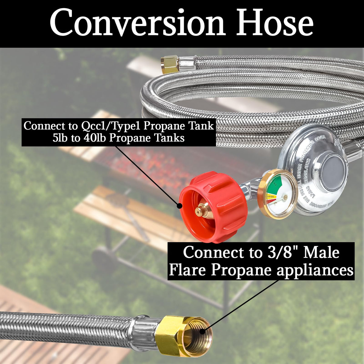 Wmnvshier stainless-steel braided hose resists wear, ideal for outdoor cooking.