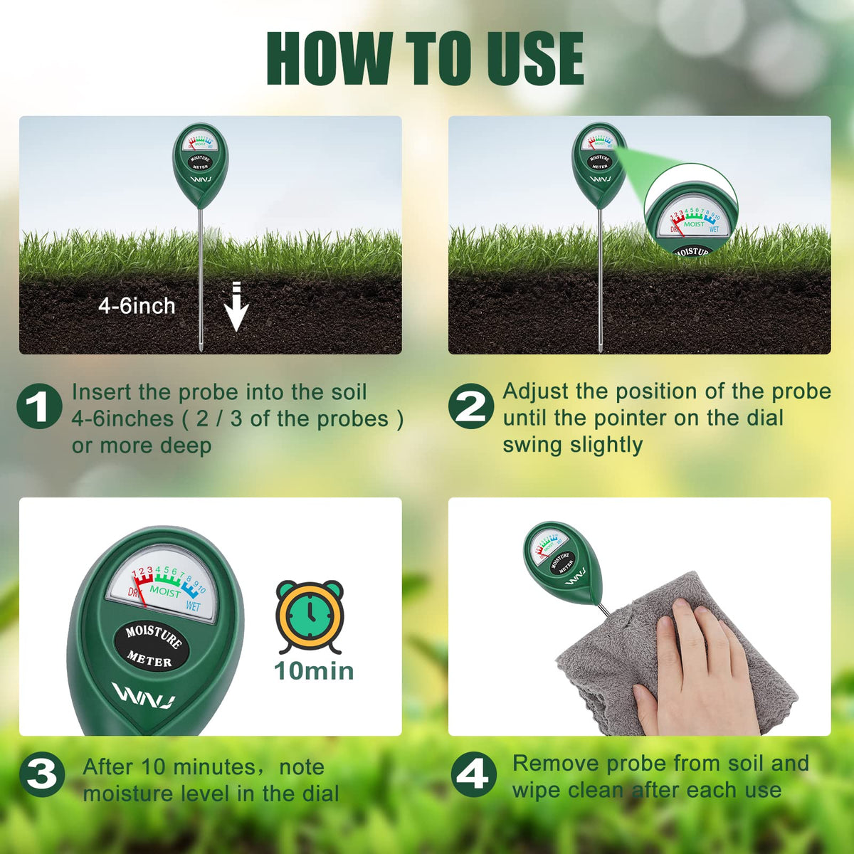 WNJ soil meter outdoors in a garden bed to guide irrigation decisions.