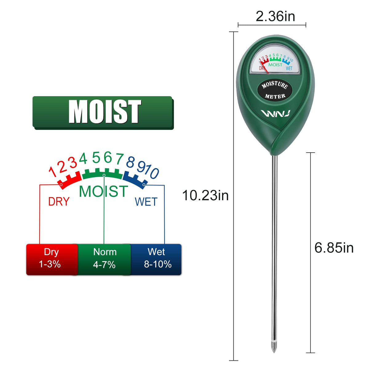 Sensor probe inserted into soil area for instant moisture reading.