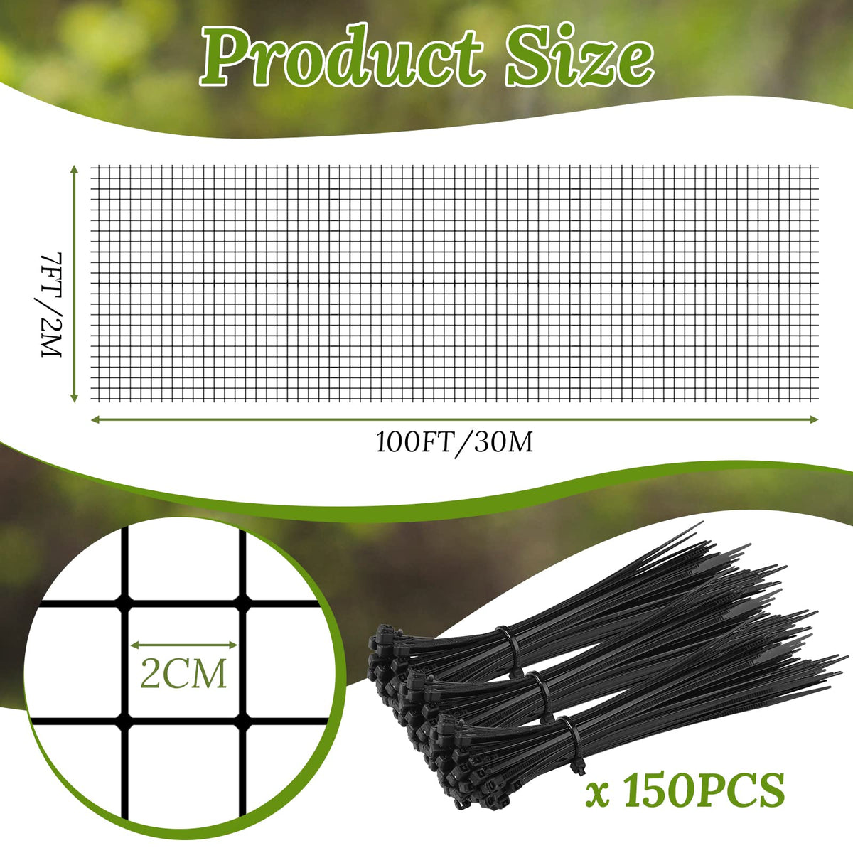 Woanger garden netting 7x100 ft with 0.8 inch mesh for fruit and vegetables.