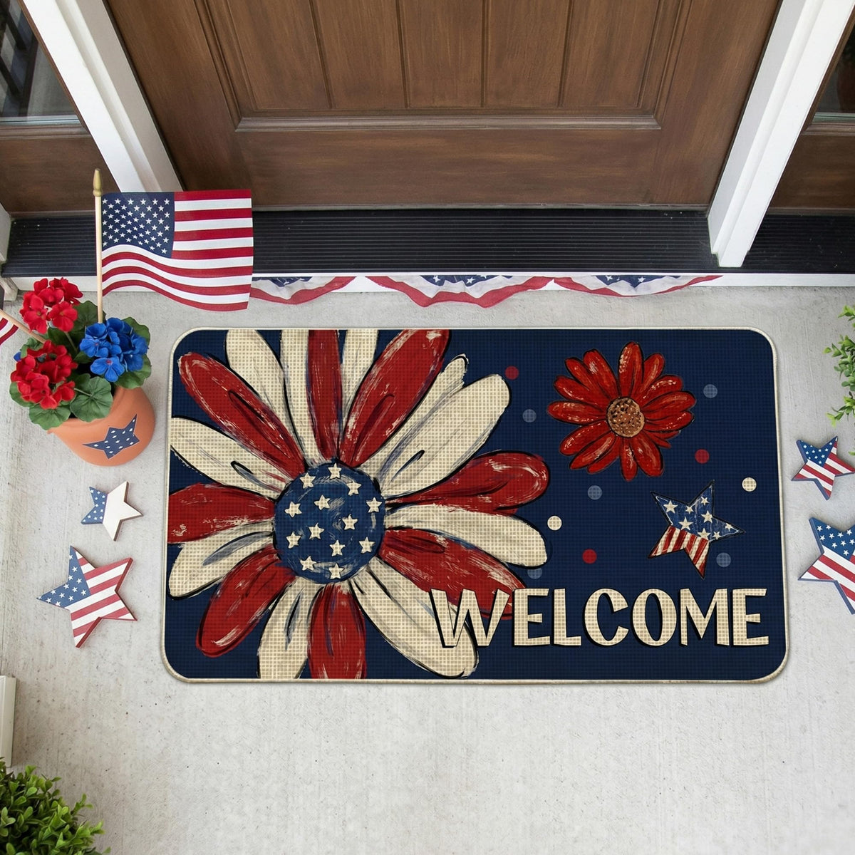 Woaoce patriotic doormat for indoor outdoor use, easy to maintain after gatherings.