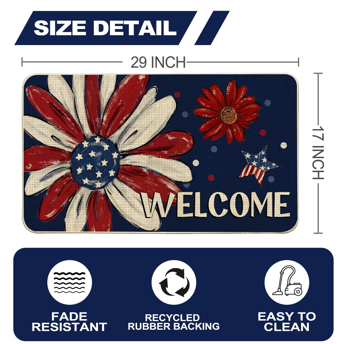 Woaoce doormat shows red white blue floral design, ideal for indoor and outdoor entrances.