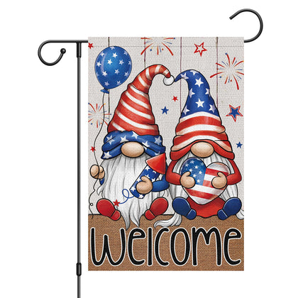 Wodison fourth of july garden flag front view with double-sided welcome gnomes for outdoor display.