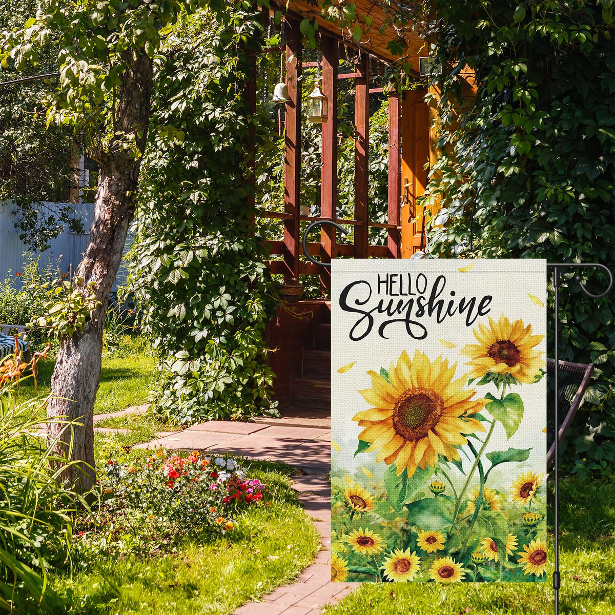 Wodison Hello Sunshine sunflowers flag highlights vibrant yard decor