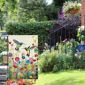 Wodison oil painting spring hummingbirds flag, vivid artwork enhances garden ambiance.