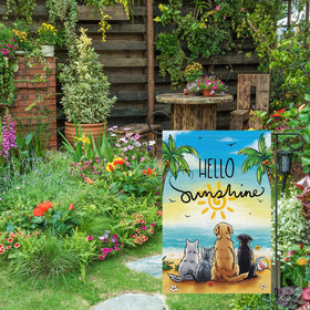Wodison Hello Sunshine flag hangs on lawn for curb appeal.