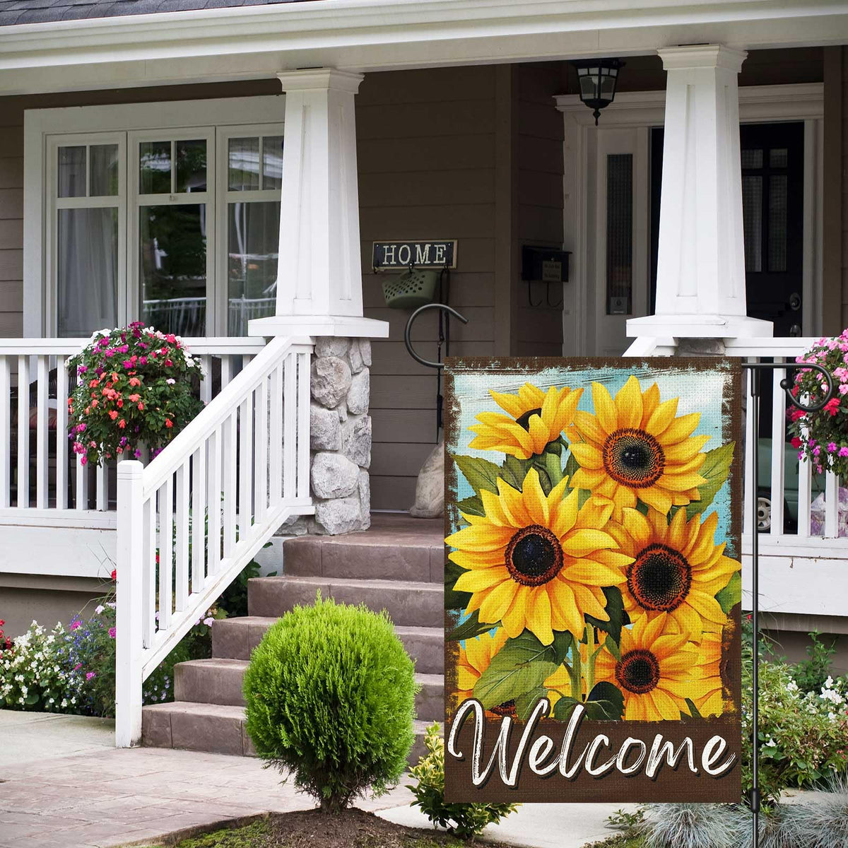 Wodison garden flag in yard enhances porch curb appeal
