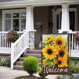 Wodison garden flag in yard enhances porch curb appeal