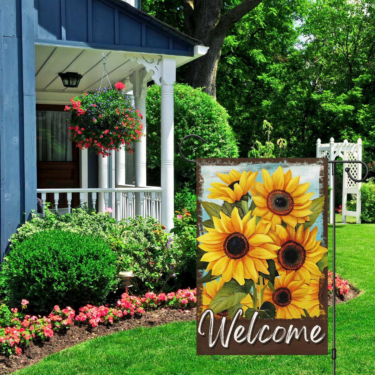 Wodison sunflower welcome flag back view showing same message outdoors