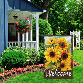 Wodison sunflower welcome flag back view showing same message outdoors