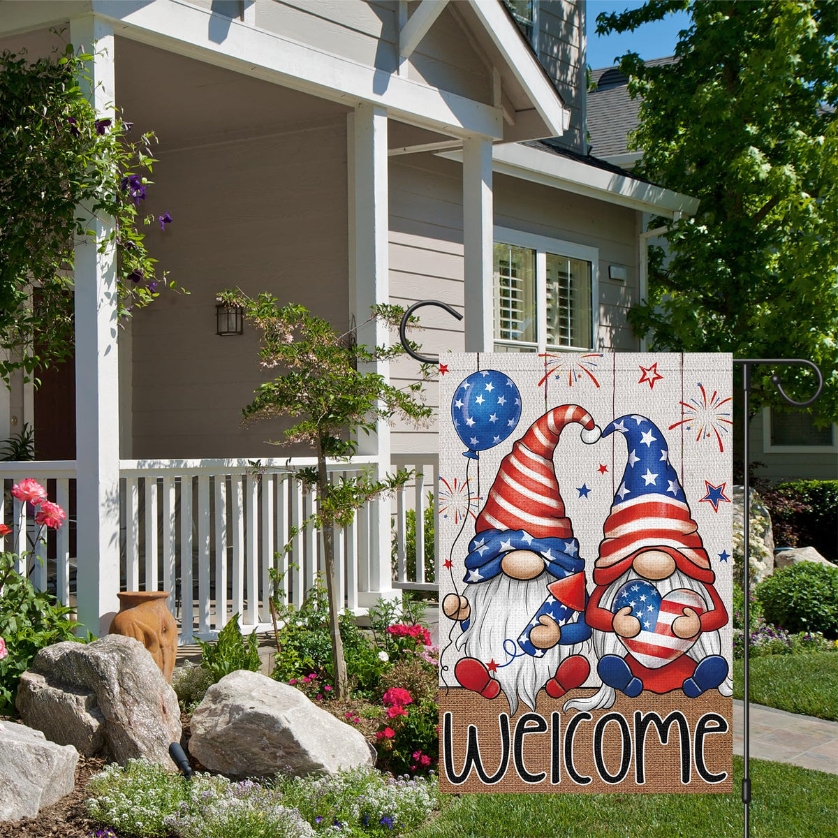 Wodison welcome gnomes motif flag adds cheerful patriotism to porches and lawns.
