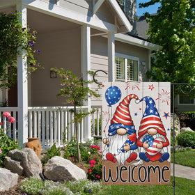 Wodison welcome gnomes motif flag adds cheerful patriotism to porches and lawns.